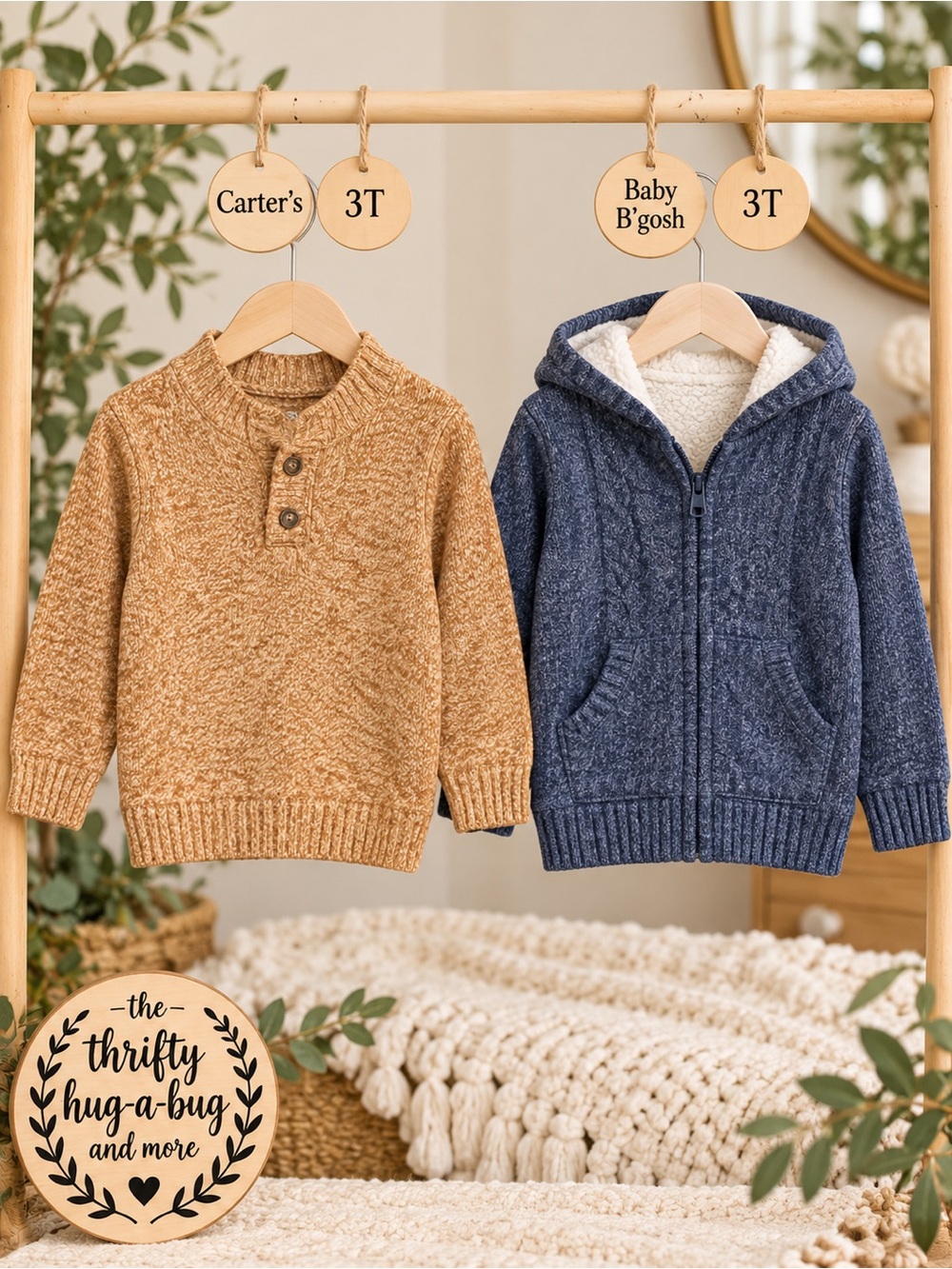 Boys 3T Sweater Bundle Carter’s Brown Knit & Baby B’gosh Blue Zip Hoodie